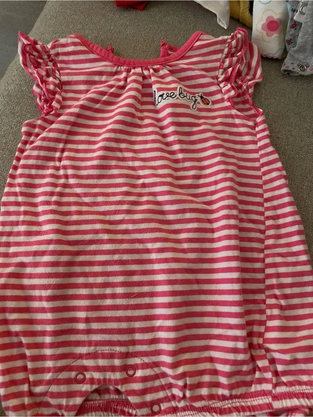 Pink & White Striped Kids Romper- Love Bug Detail